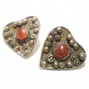 Vintage Boho Inspired Brass Heart Earrings with Agate Cabochons